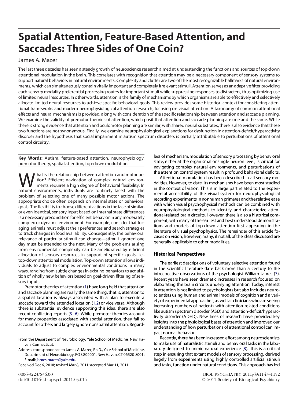 Spatial Attention, Feature-Based Attention, and Saccades: Three Sides of One Coin?