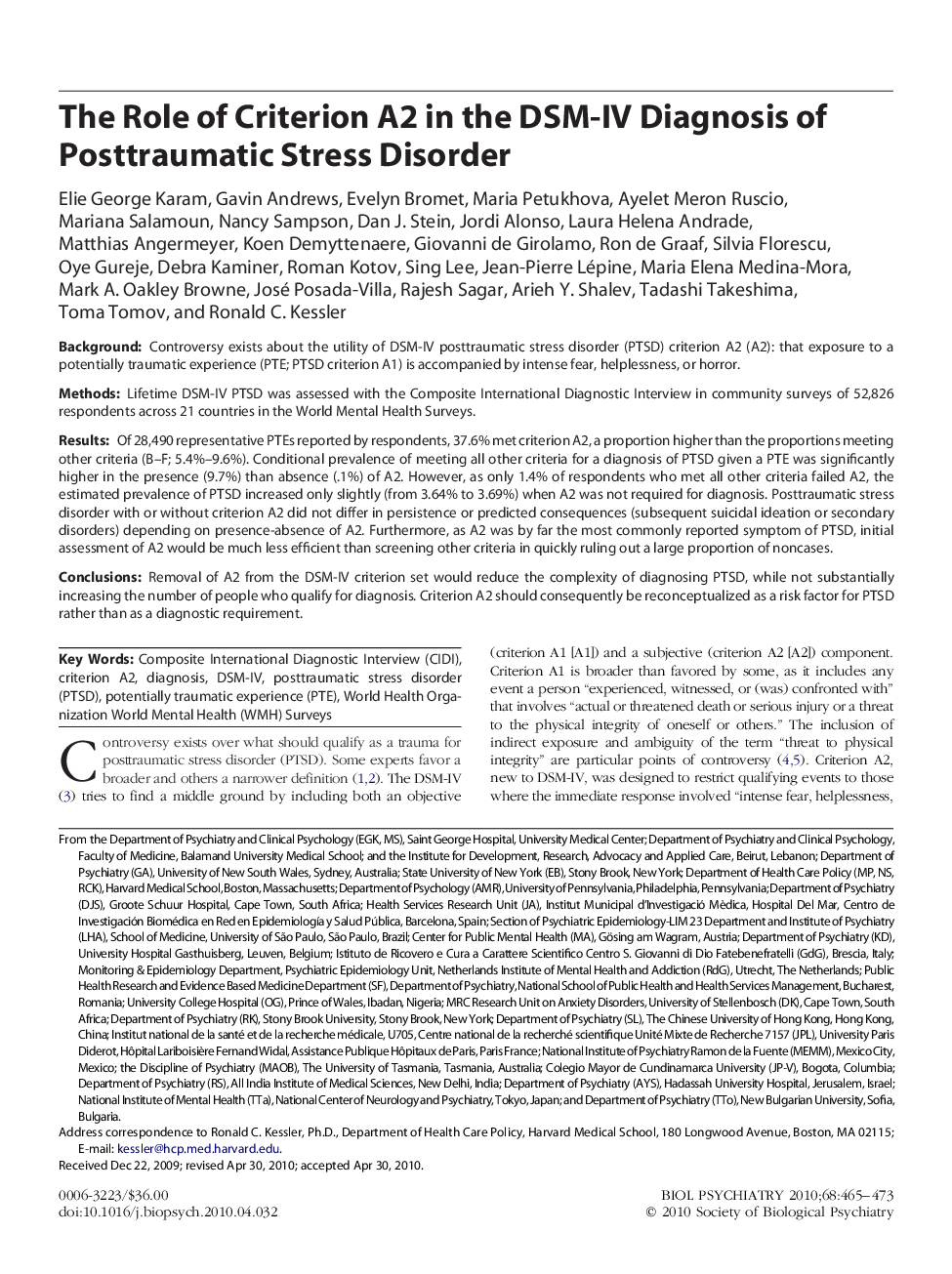 The Role of Criterion A2 in the DSM-IV Diagnosis of Posttraumatic Stress Disorder