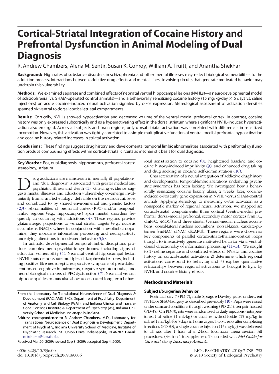 Cortical-Striatal Integration of Cocaine History and Prefrontal Dysfunction in Animal Modeling of Dual Diagnosis