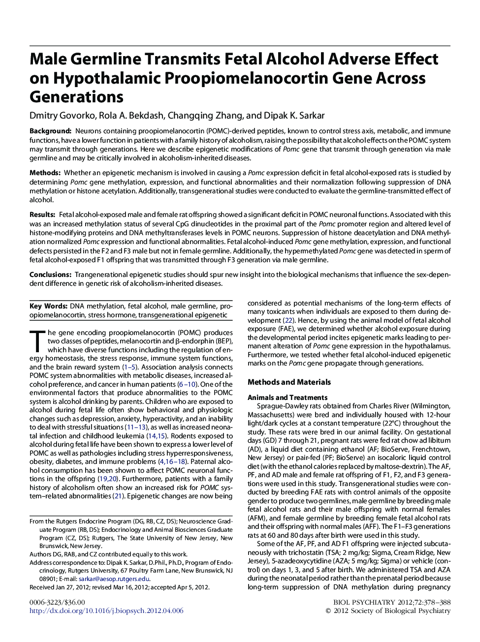 Male Germline Transmits Fetal Alcohol Adverse Effect on Hypothalamic Proopiomelanocortin Gene Across Generations 