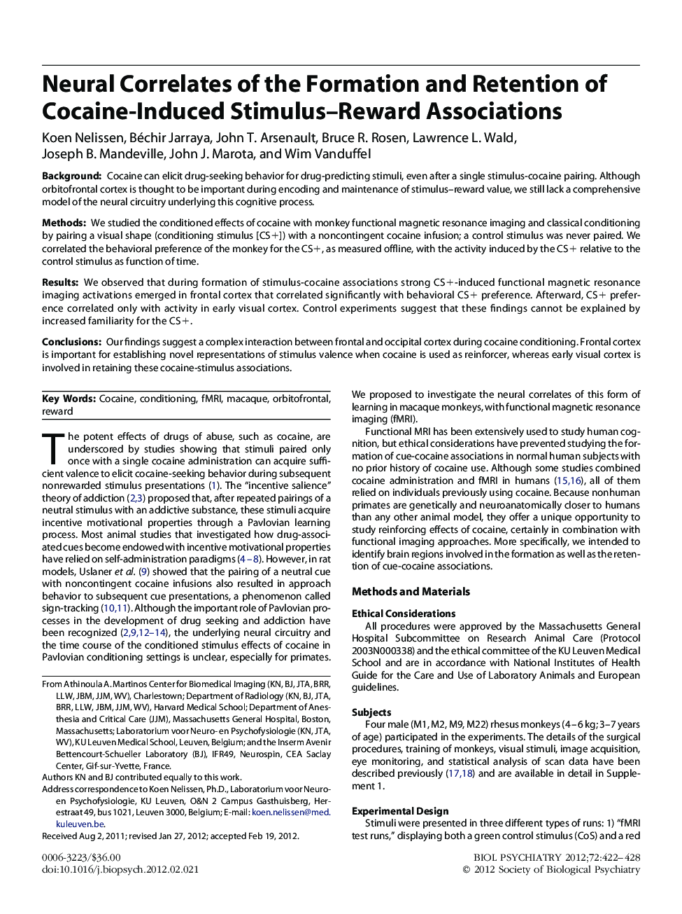 Neural Correlates of the Formation and Retention of Cocaine-Induced Stimulus–Reward Associations 