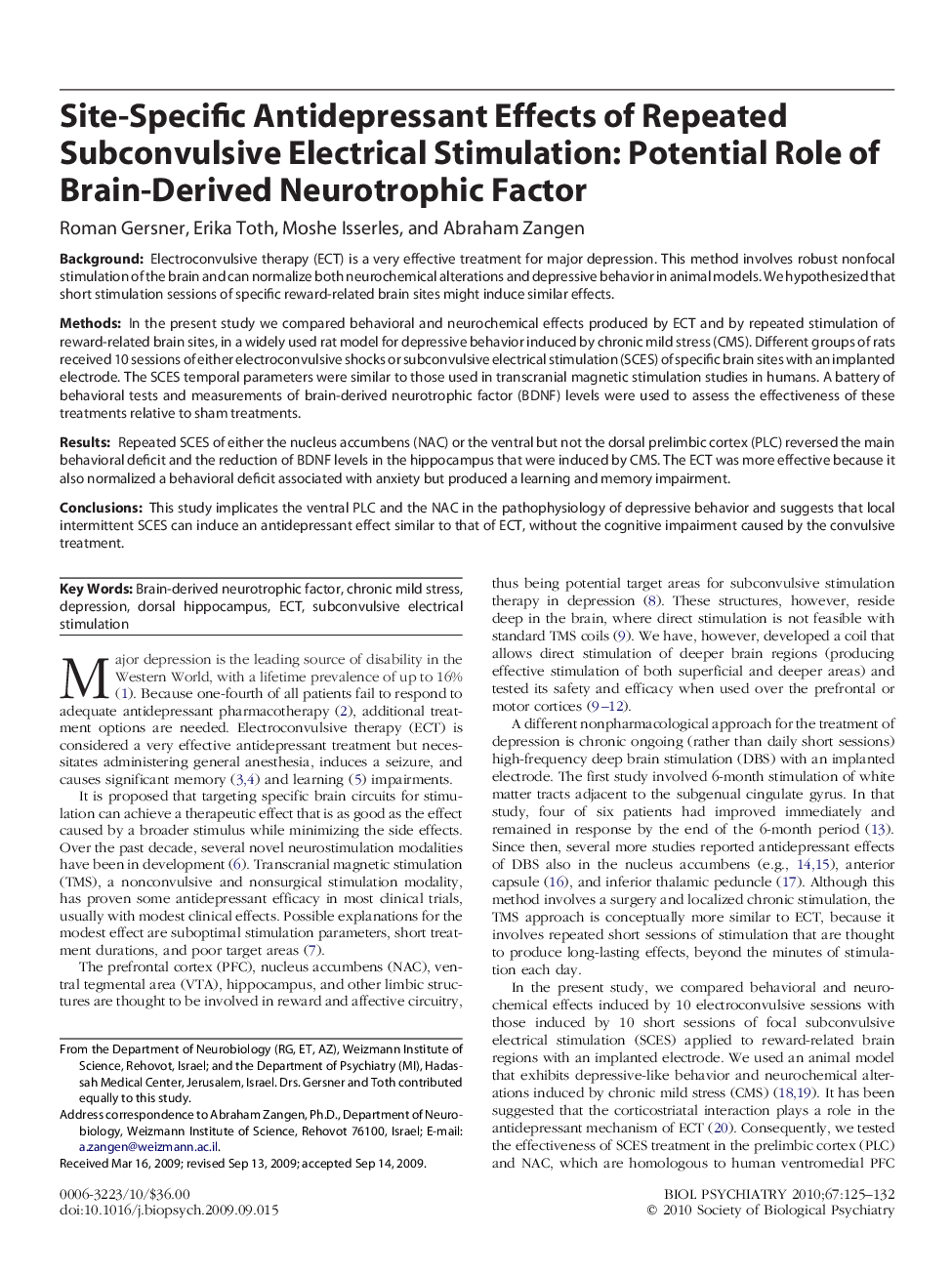 Site-Specific Antidepressant Effects of Repeated Subconvulsive Electrical Stimulation: Potential Role of Brain-Derived Neurotrophic Factor 