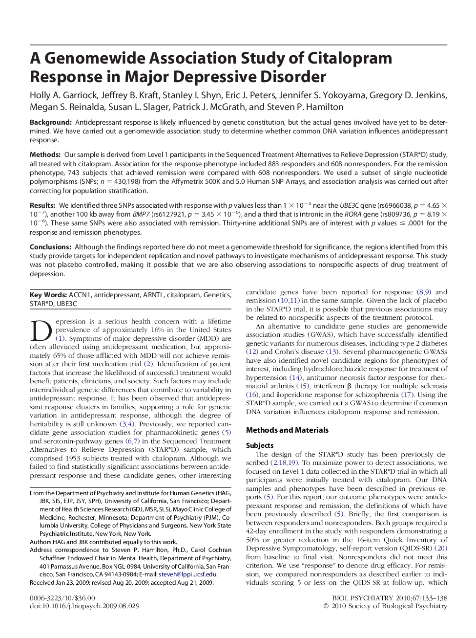 A Genomewide Association Study of Citalopram Response in Major Depressive Disorder 