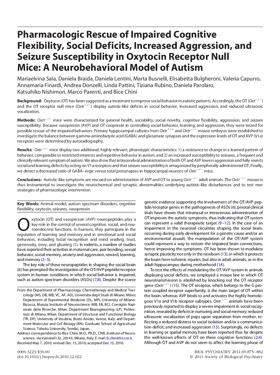 Pharmacologic Rescue of Impaired Cognitive Flexibility, Social Deficits, Increased Aggression, and Seizure Susceptibility in Oxytocin Receptor Null Mice: A Neurobehavioral Model of Autism