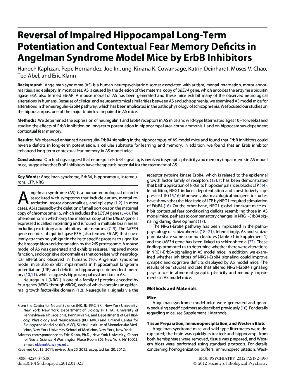 Reversal of Impaired Hippocampal Long-Term Potentiation and Contextual Fear Memory Deficits in Angelman Syndrome Model Mice by ErbB Inhibitors