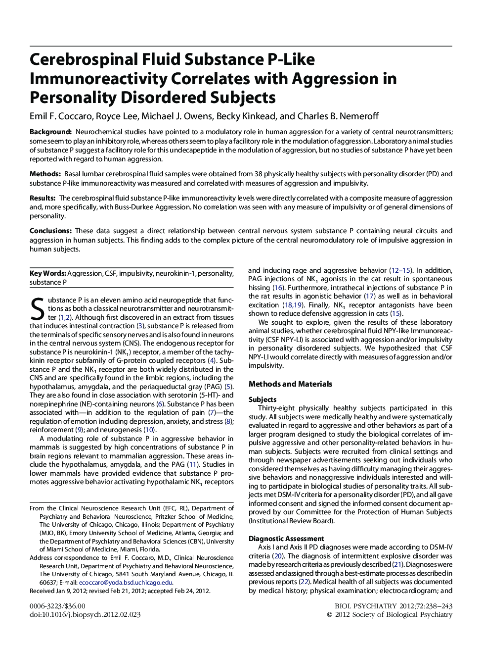 Cerebrospinal Fluid Substance P-Like Immunoreactivity Correlates with Aggression in Personality Disordered Subjects