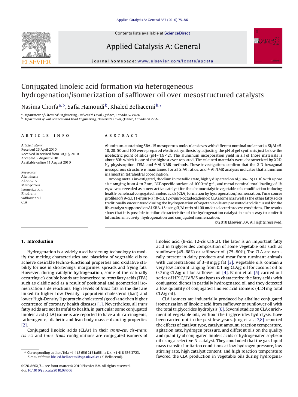 Conjugated linoleic acid formation via heterogeneous hydrogenation/isomerization of safflower oil over mesostructured catalysts
