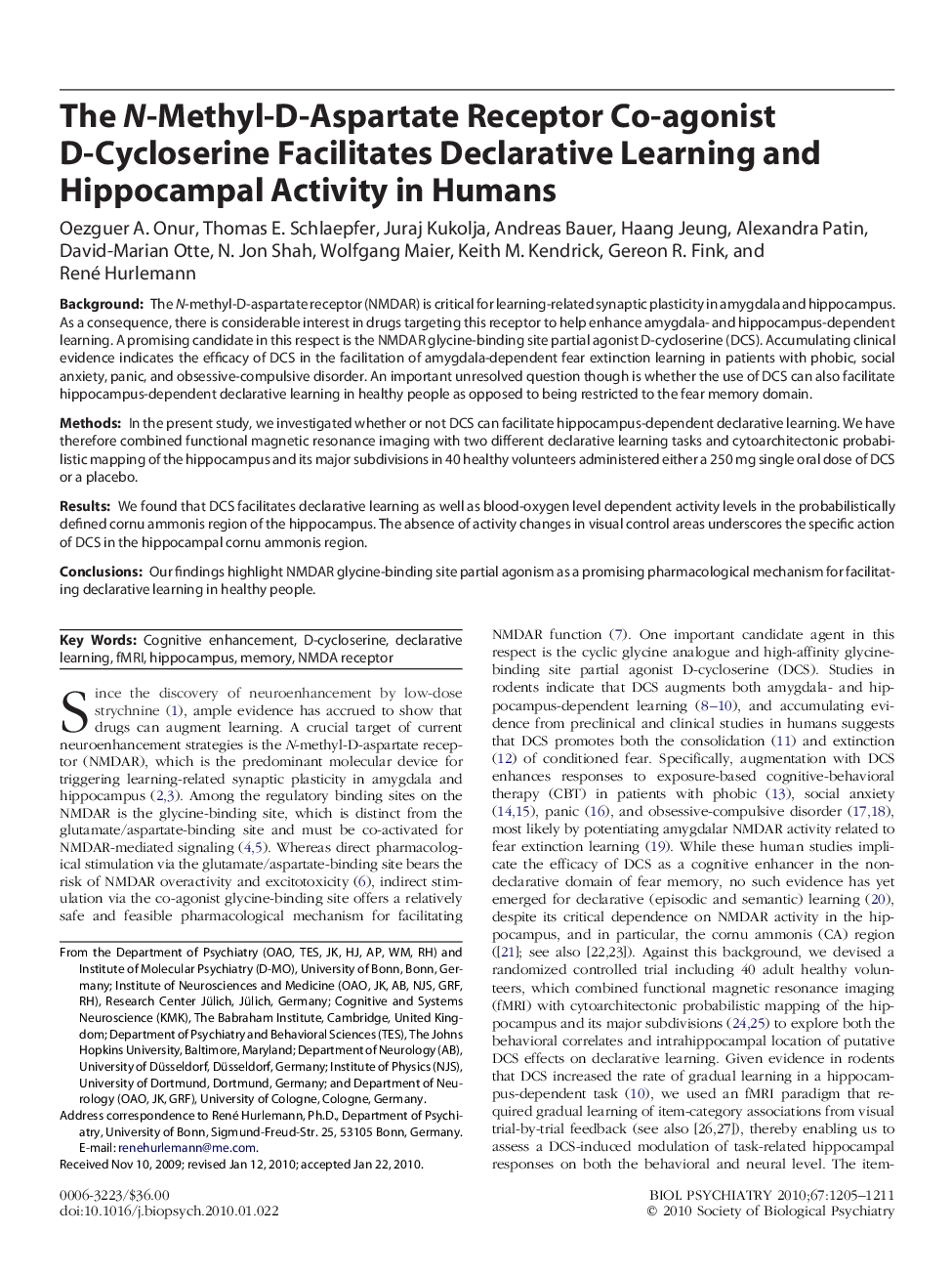 The N-Methyl-D-Aspartate Receptor Co-agonist D-Cycloserine Facilitates Declarative Learning and Hippocampal Activity in Humans