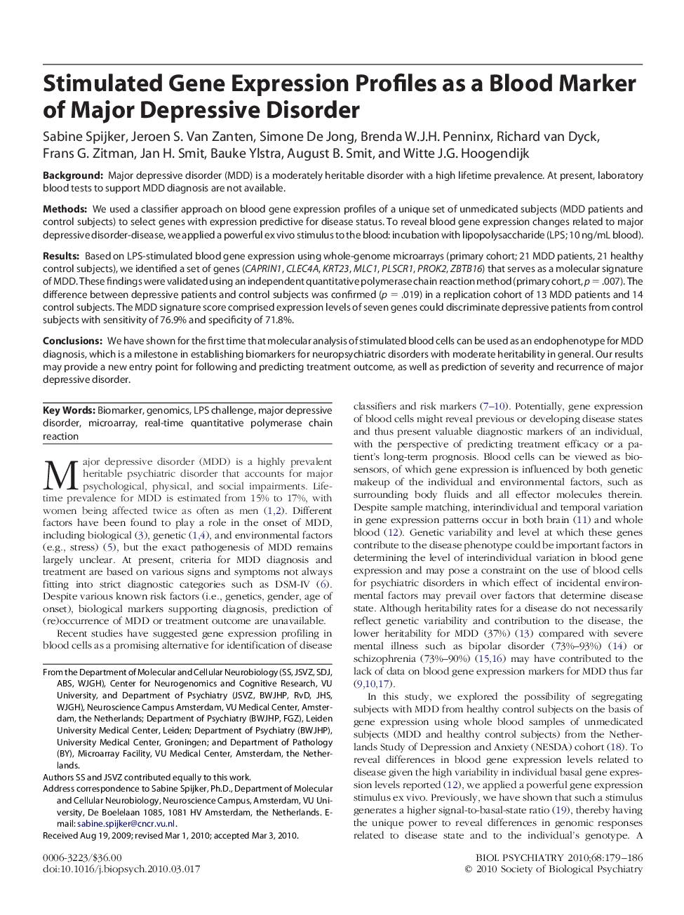 Stimulated Gene Expression Profiles as a Blood Marker of Major Depressive Disorder 