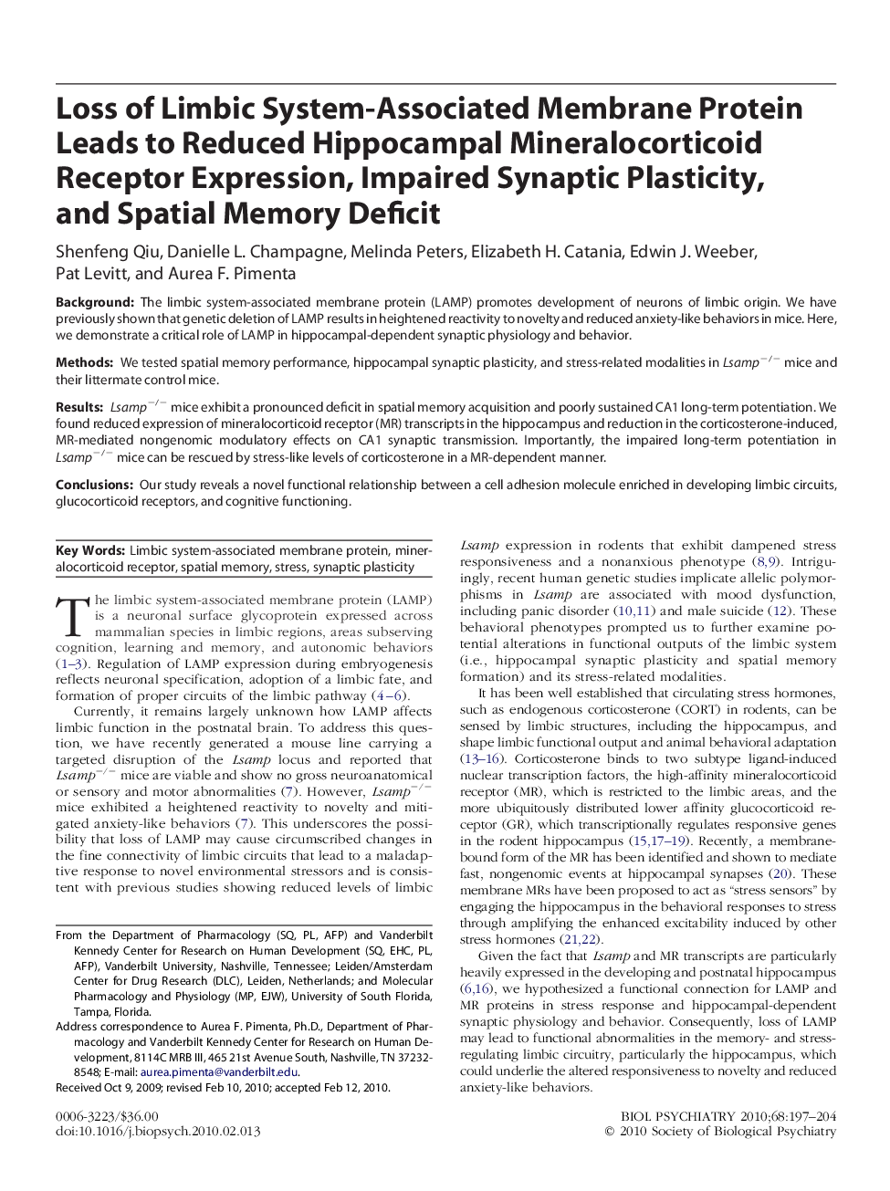 Loss of Limbic System-Associated Membrane Protein Leads to Reduced Hippocampal Mineralocorticoid Receptor Expression, Impaired Synaptic Plasticity, and Spatial Memory Deficit