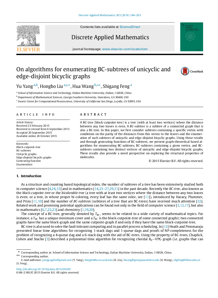 عکس صفحه اول مقاله: On algorithms for enumerating BC-subtrees of unicyclic and edge-disjoint bicyclic graphs On algorithms for enumerating BC-subtrees of unicyclic and edge-disjoint bicyclic graphs