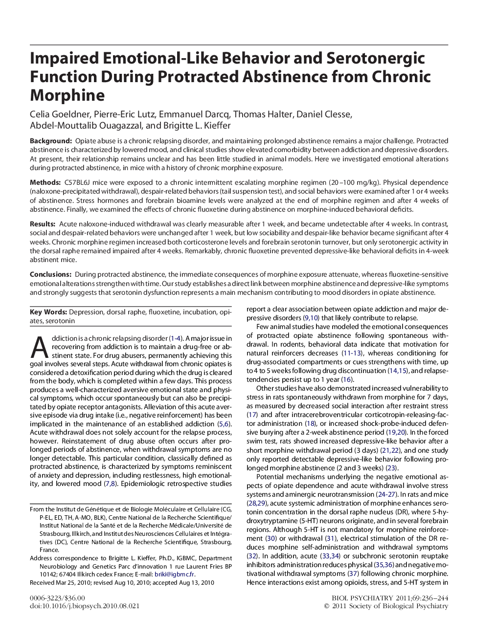 Impaired Emotional-Like Behavior and Serotonergic Function During Protracted Abstinence from Chronic Morphine