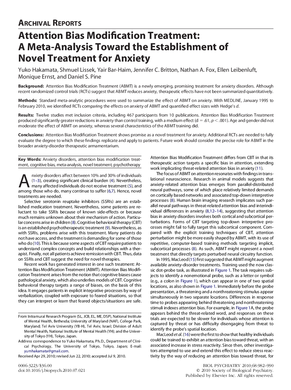 Attention Bias Modification Treatment: A Meta-Analysis Toward the Establishment of Novel Treatment for Anxiety