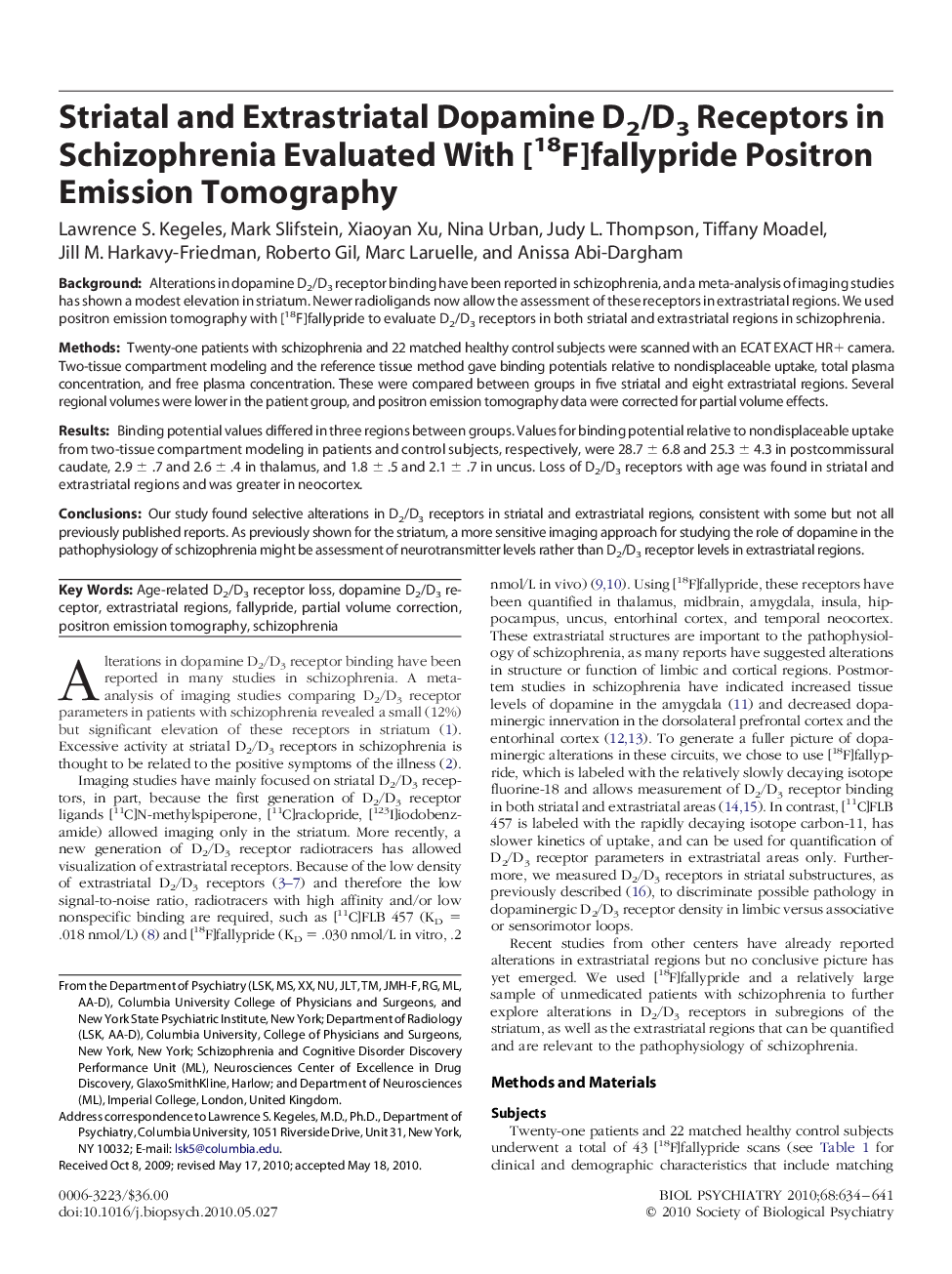 Striatal and Extrastriatal Dopamine D2/D3 Receptors in Schizophrenia Evaluated With [18F]fallypride Positron Emission Tomography