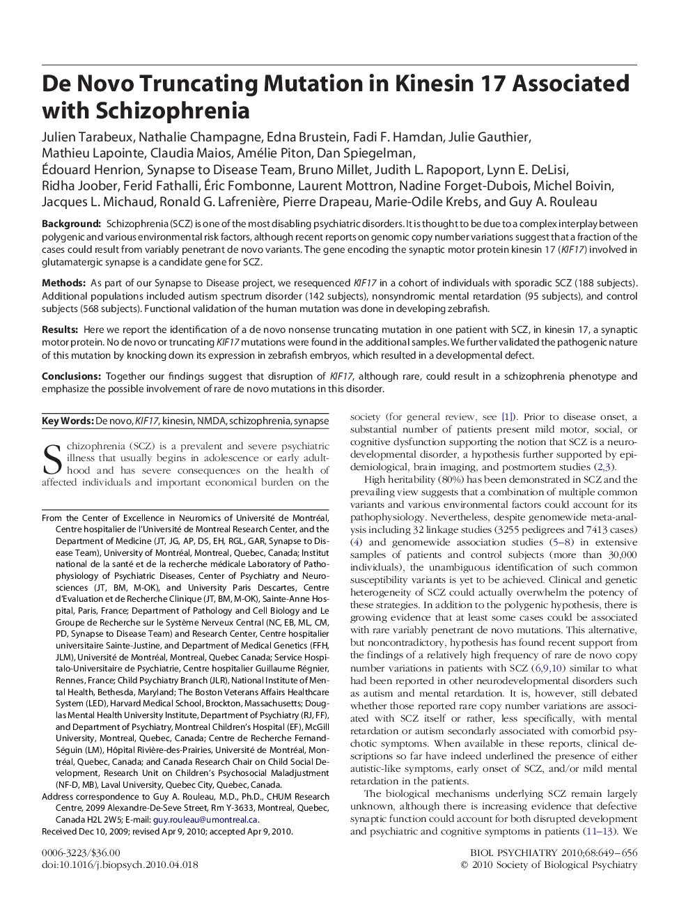 De Novo Truncating Mutation in Kinesin 17 Associated with Schizophrenia