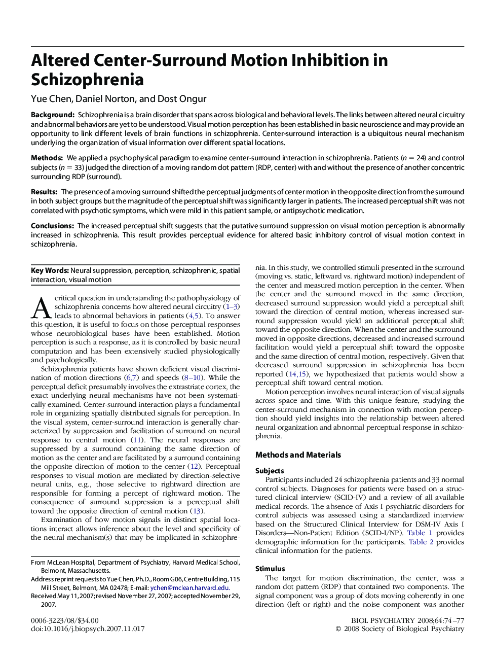 Altered Center-Surround Motion Inhibition in Schizophrenia