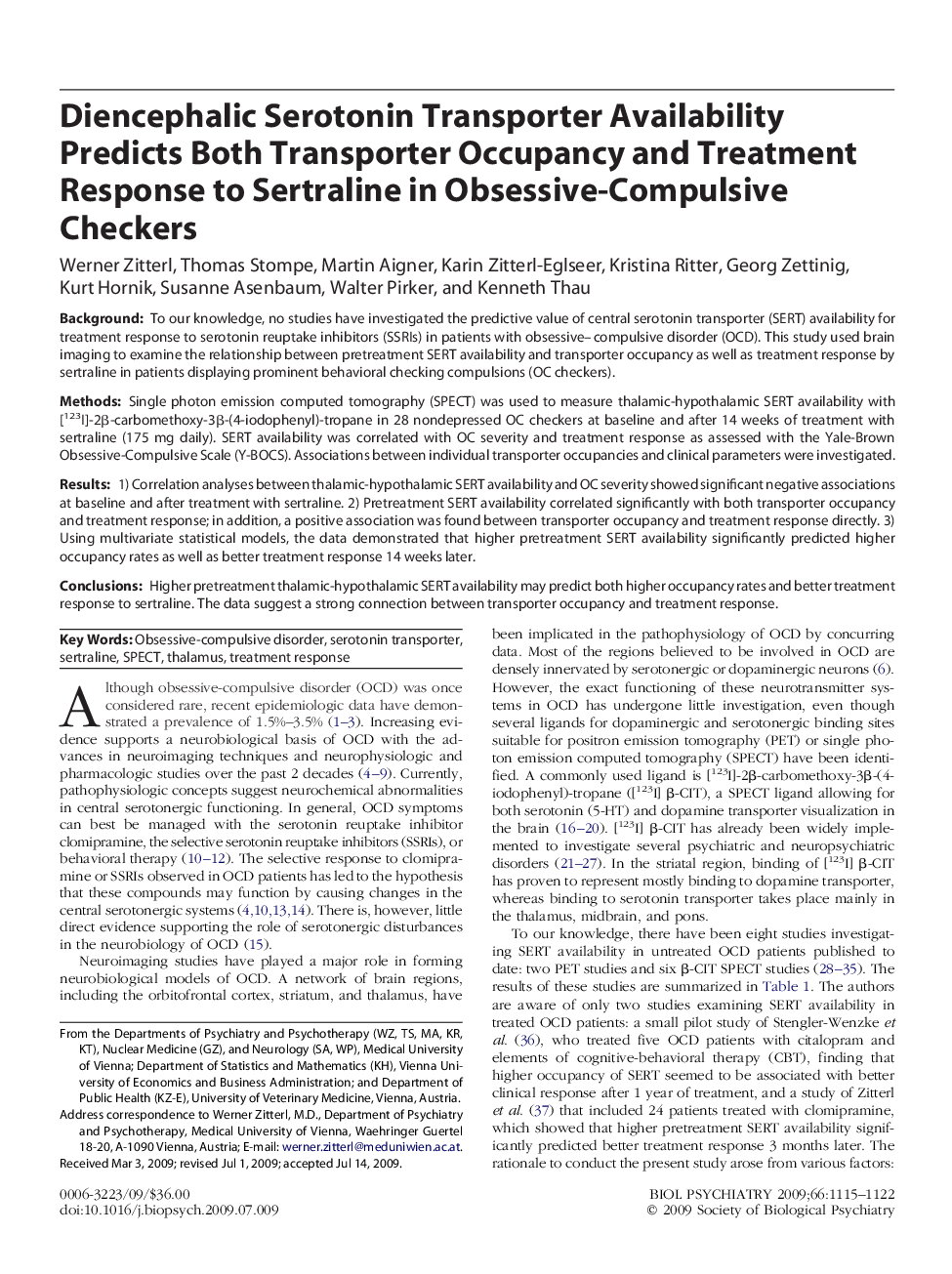 Diencephalic Serotonin Transporter Availability Predicts Both Transporter Occupancy and Treatment Response to Sertraline in Obsessive-Compulsive Checkers