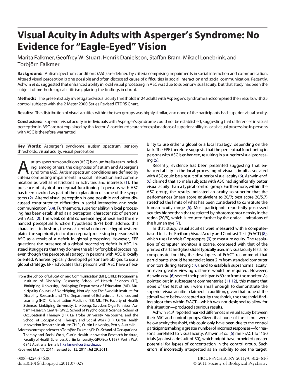 Visual Acuity in Adults with Asperger’s Syndrome: No Evidence for “Eagle-Eyed” Vision