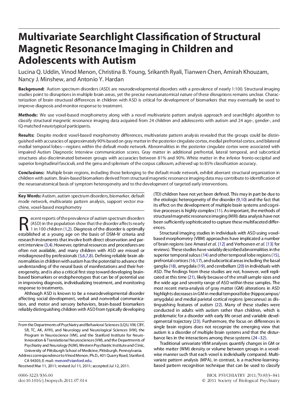Multivariate Searchlight Classification of Structural Magnetic Resonance Imaging in Children and Adolescents with Autism