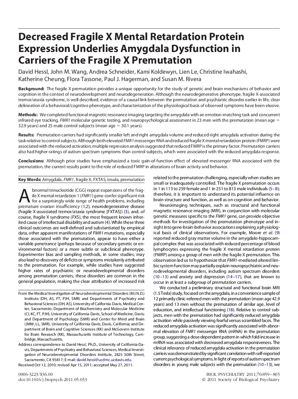 Decreased Fragile X Mental Retardation Protein Expression Underlies Amygdala Dysfunction in Carriers of the Fragile X Premutation