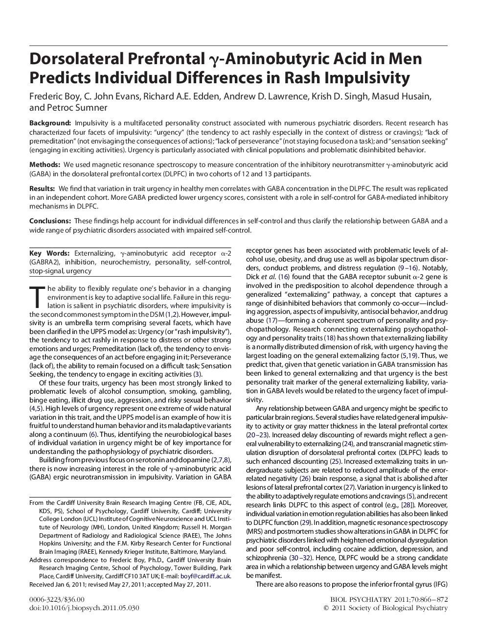 Dorsolateral Prefrontal γ-Aminobutyric Acid in Men Predicts Individual Differences in Rash Impulsivity