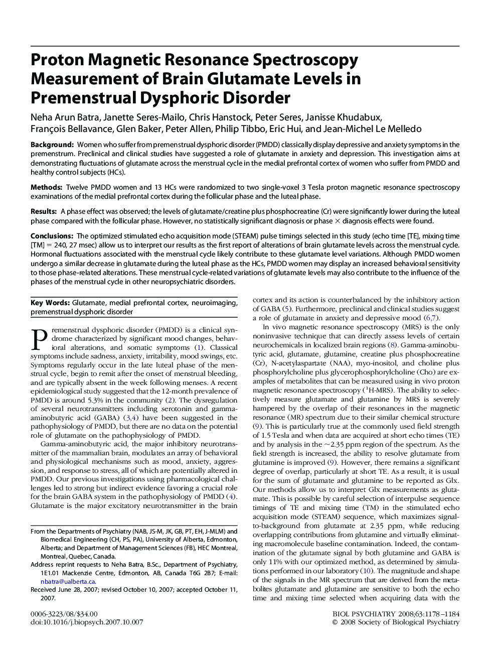 Proton Magnetic Resonance Spectroscopy Measurement of Brain Glutamate Levels in Premenstrual Dysphoric Disorder