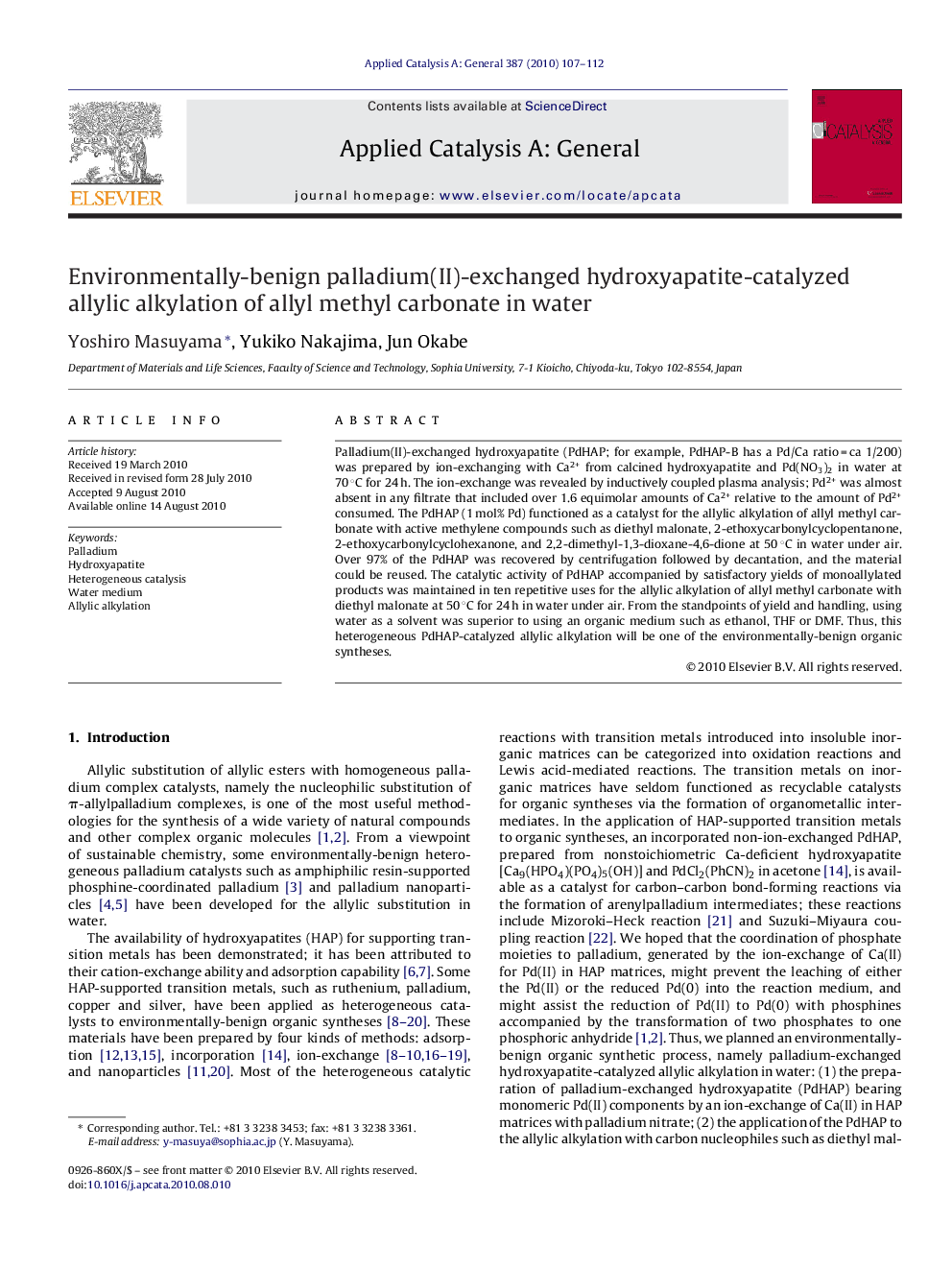 Environmentally-benign palladium(II)-exchanged hydroxyapatite-catalyzed allylic alkylation of allyl methyl carbonate in water