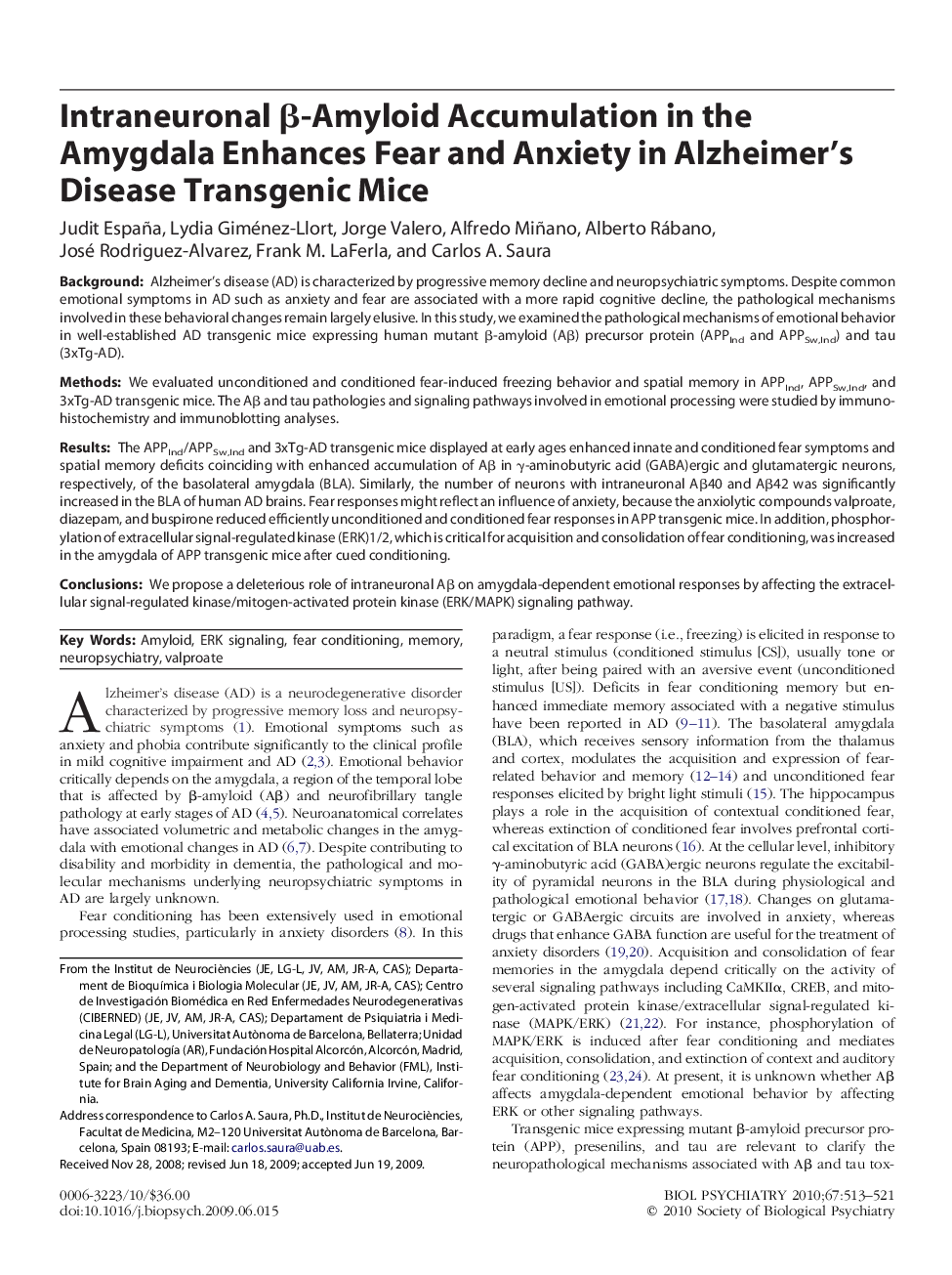 Intraneuronal β-Amyloid Accumulation in the Amygdala Enhances Fear and Anxiety in Alzheimer's Disease Transgenic Mice