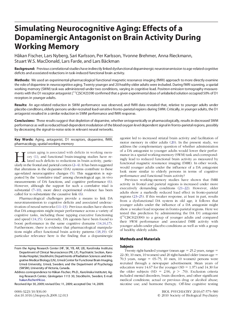 Simulating Neurocognitive Aging: Effects of a Dopaminergic Antagonist on Brain Activity During Working Memory