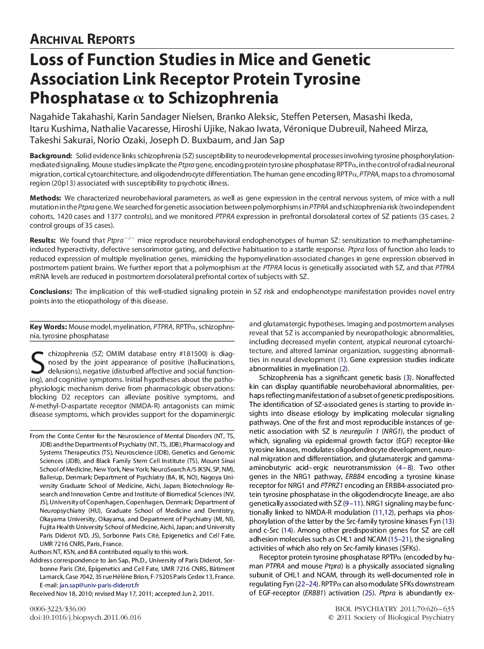 Loss of Function Studies in Mice and Genetic Association Link Receptor Protein Tyrosine Phosphatase α to Schizophrenia 