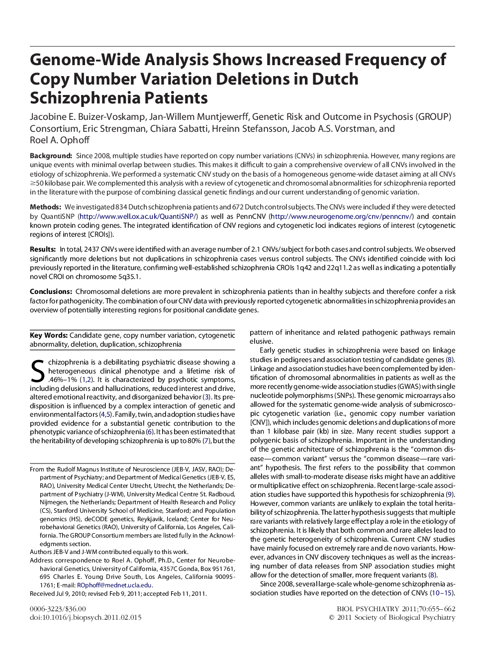 Genome-Wide Analysis Shows Increased Frequency of Copy Number Variation Deletions in Dutch Schizophrenia Patients 