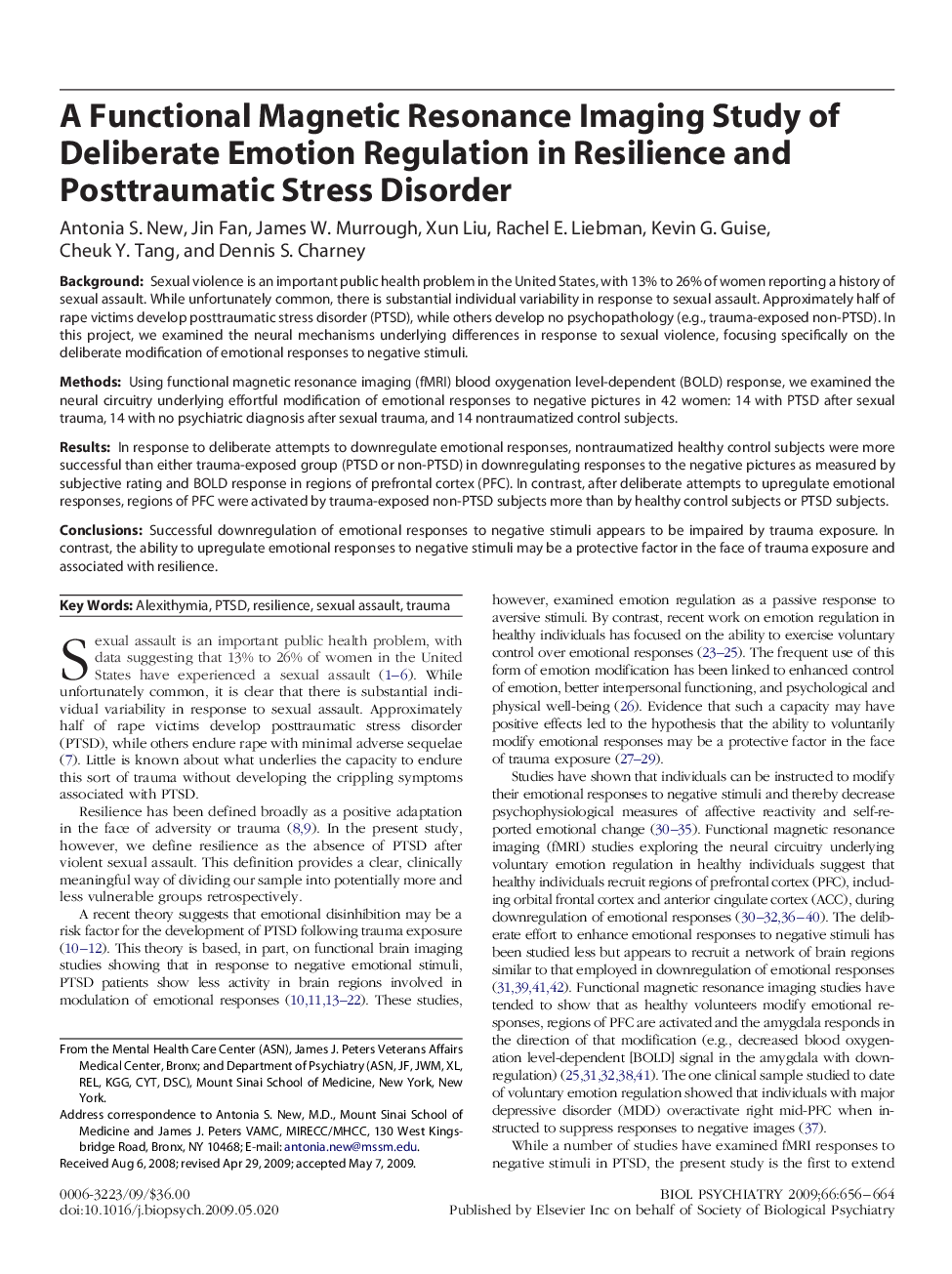 A Functional Magnetic Resonance Imaging Study of Deliberate Emotion Regulation in Resilience and Posttraumatic Stress Disorder