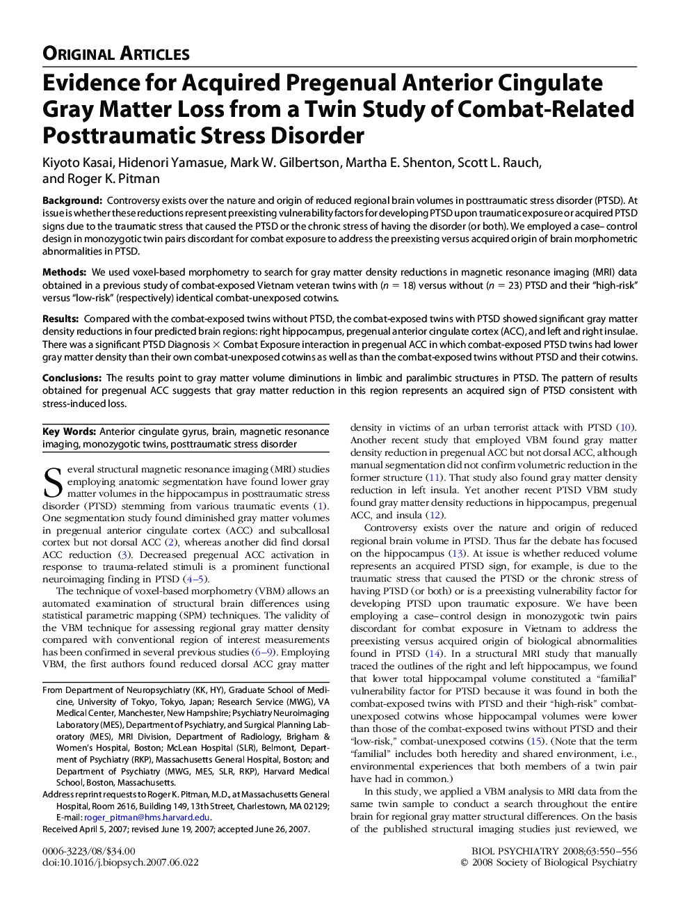 Evidence for Acquired Pregenual Anterior Cingulate Gray Matter Loss from a Twin Study of Combat-Related Posttraumatic Stress Disorder