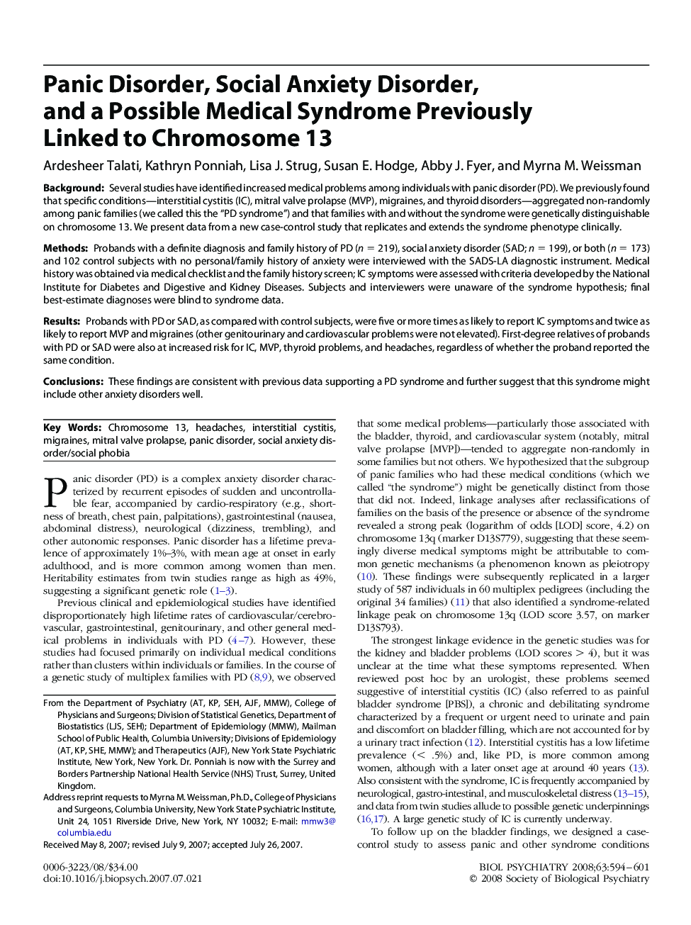 Panic Disorder, Social Anxiety Disorder, and a Possible Medical Syndrome Previously Linked to Chromosome 13