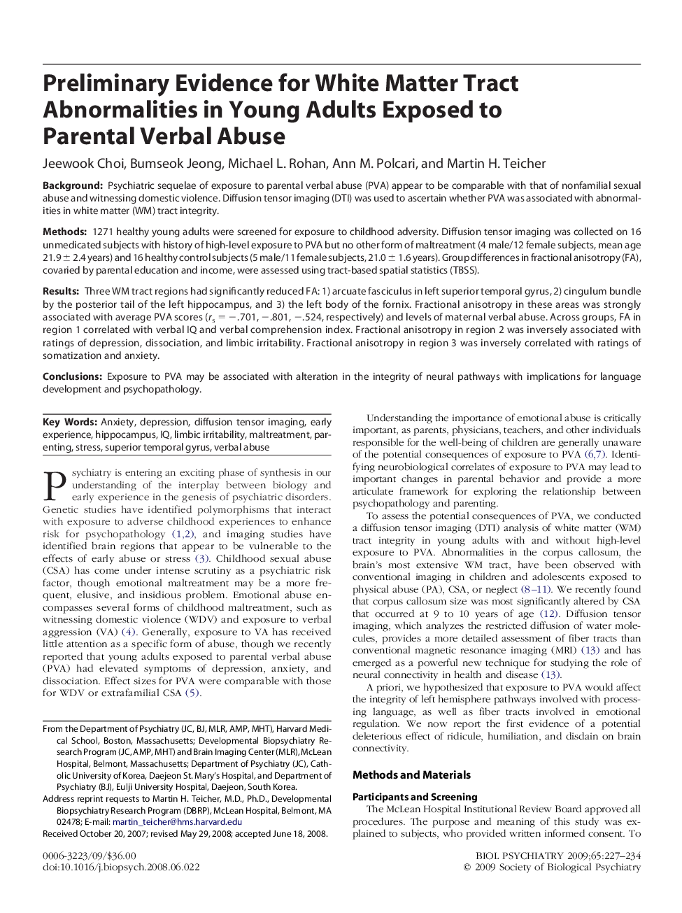 Preliminary Evidence for White Matter Tract Abnormalities in Young Adults Exposed to Parental Verbal Abuse