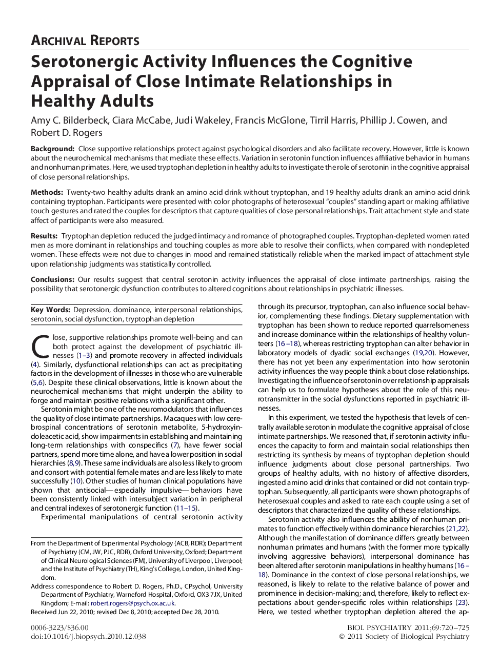 Serotonergic Activity Influences the Cognitive Appraisal of Close Intimate Relationships in Healthy Adults