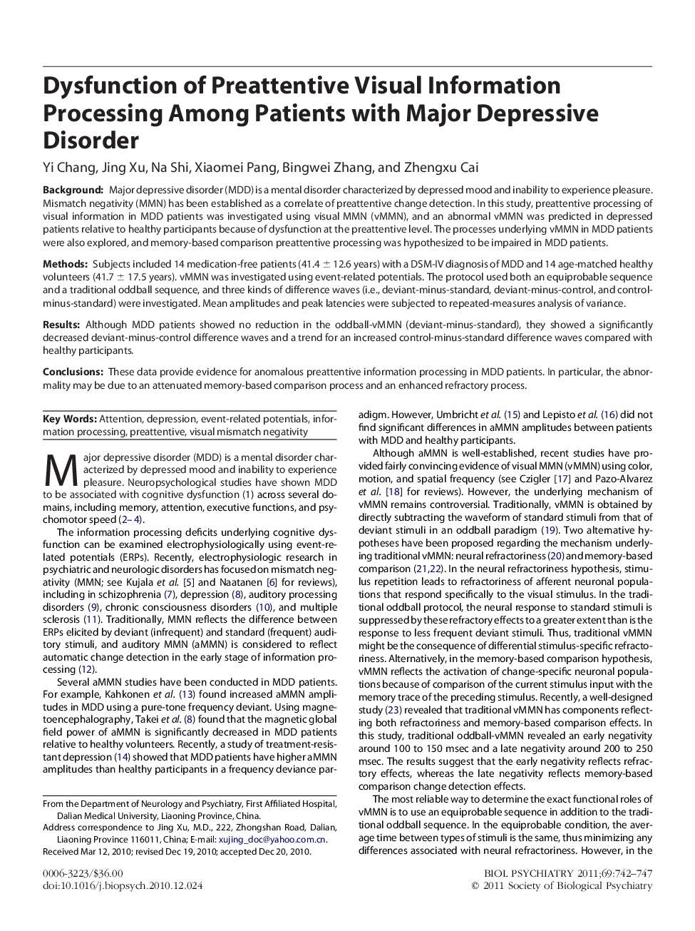 Dysfunction of Preattentive Visual Information Processing Among Patients with Major Depressive Disorder