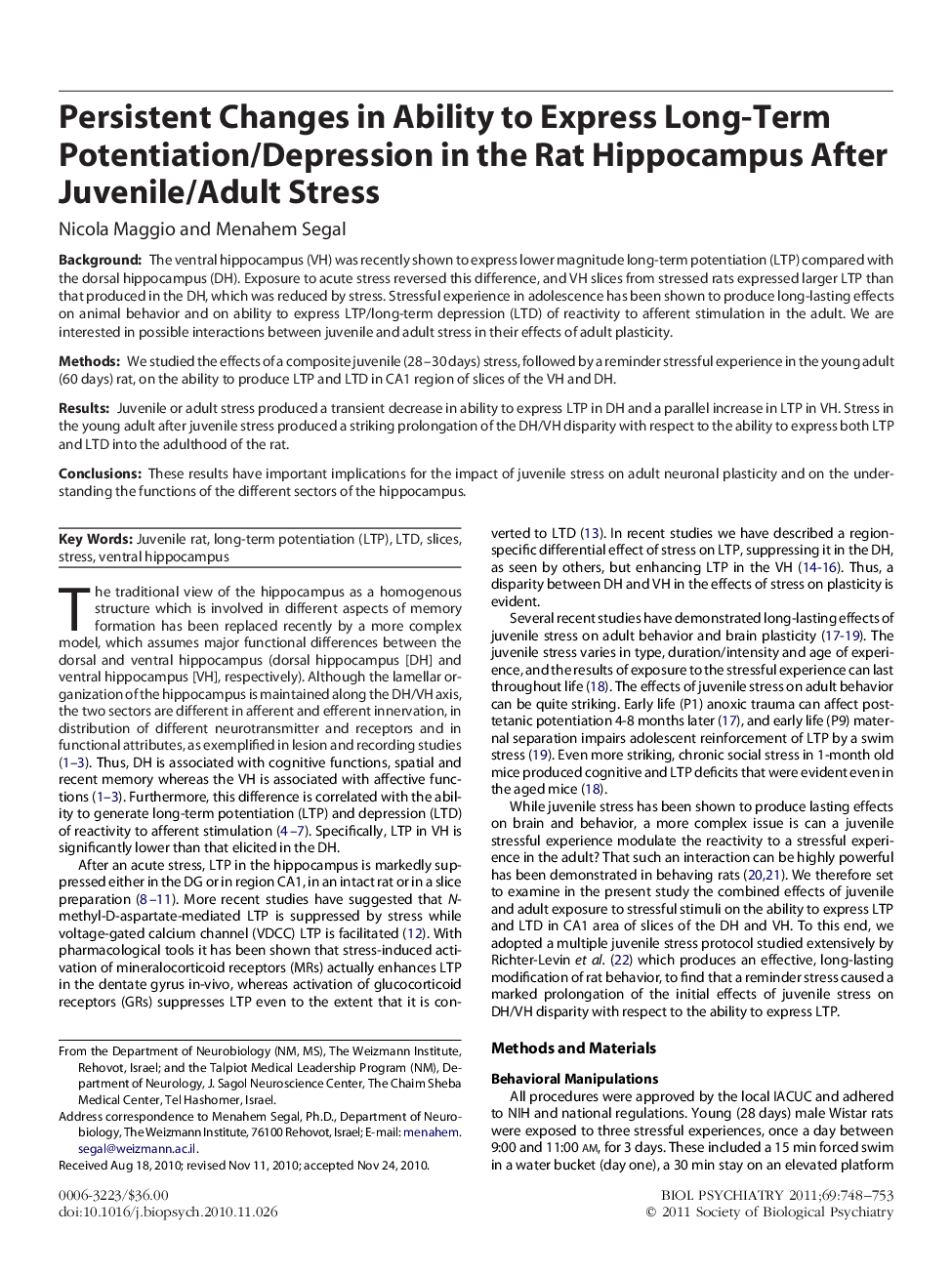 Persistent Changes in Ability to Express Long-Term Potentiation/Depression in the Rat Hippocampus After Juvenile/Adult Stress