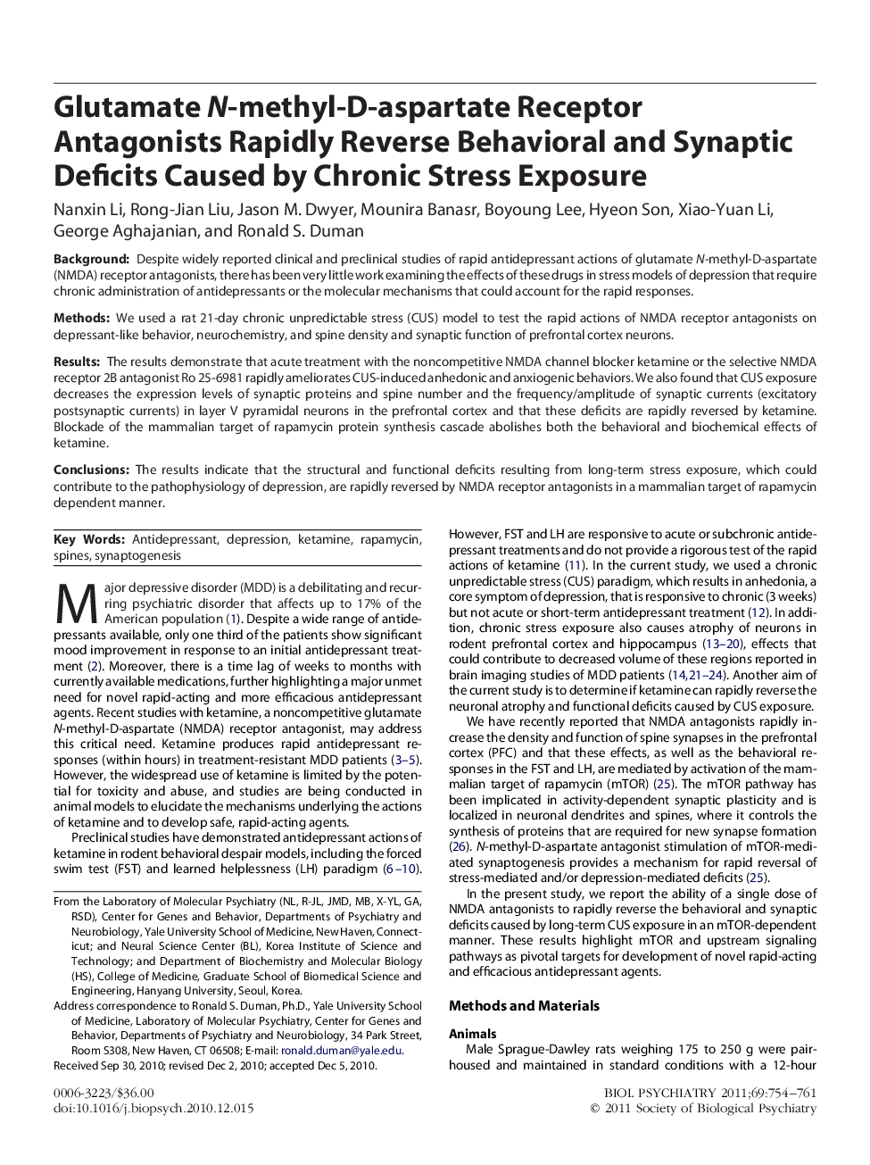 Glutamate N-methyl-D-aspartate Receptor Antagonists Rapidly Reverse Behavioral and Synaptic Deficits Caused by Chronic Stress Exposure