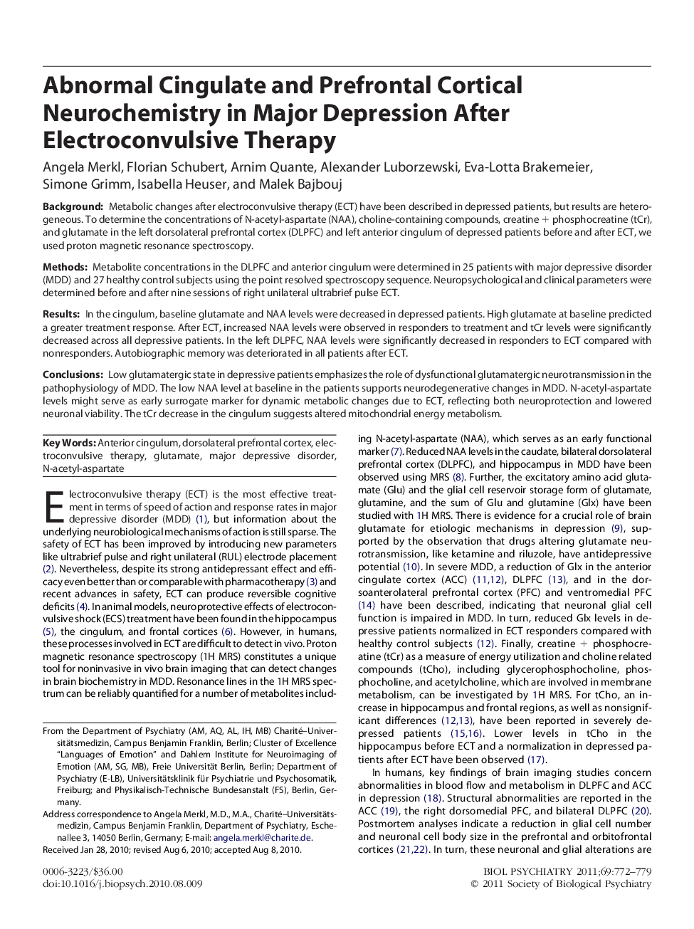 Abnormal Cingulate and Prefrontal Cortical Neurochemistry in Major Depression After Electroconvulsive Therapy