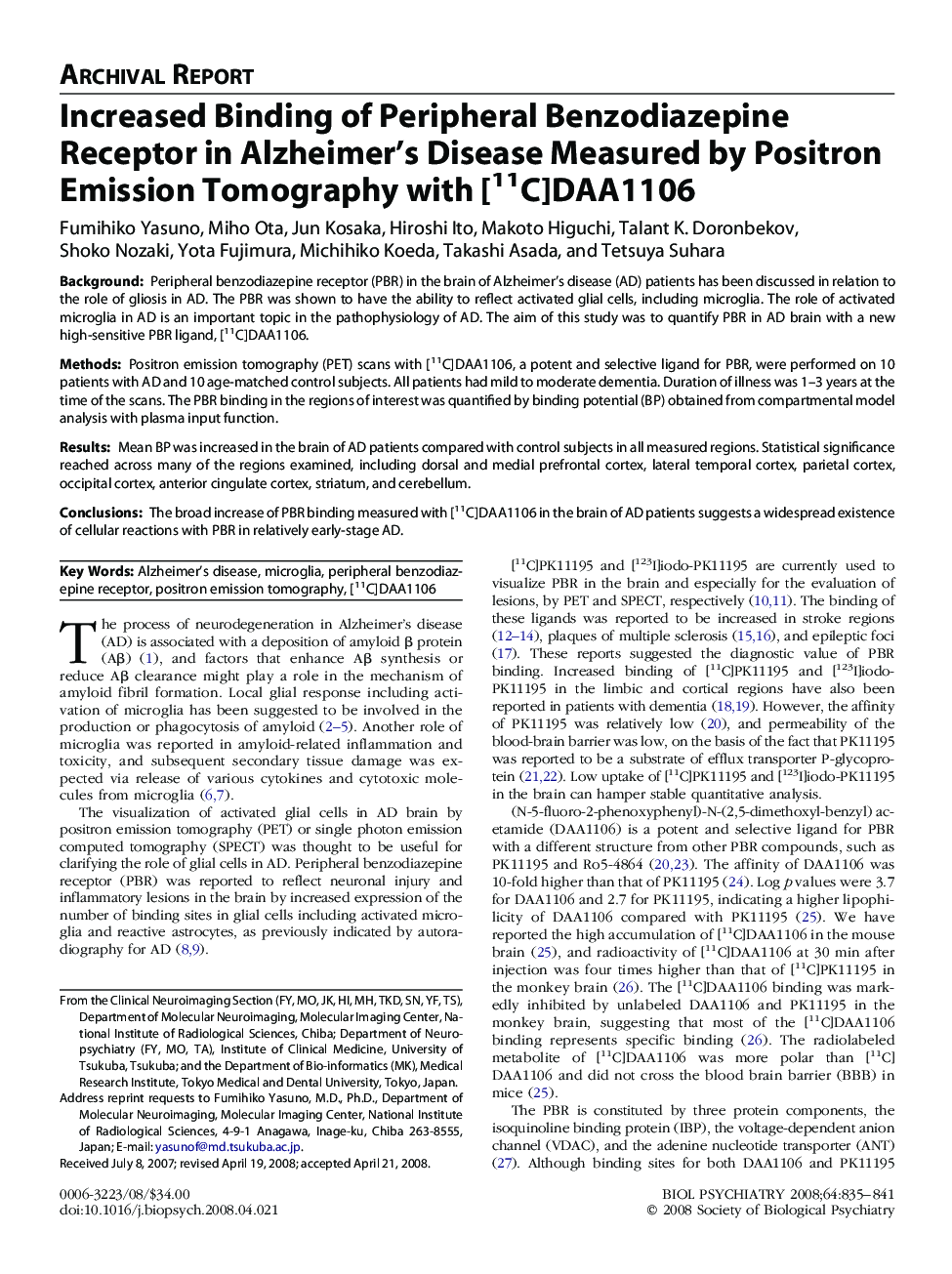 Increased Binding of Peripheral Benzodiazepine Receptor in Alzheimer's Disease Measured by Positron Emission Tomography with [11C]DAA1106