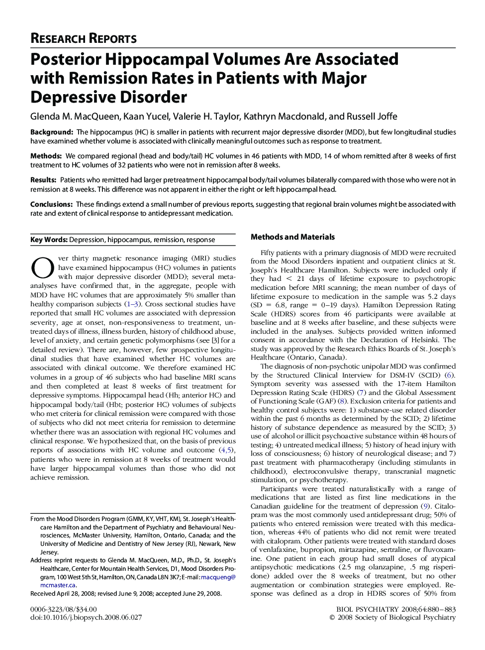Posterior Hippocampal Volumes Are Associated with Remission Rates in Patients with Major Depressive Disorder