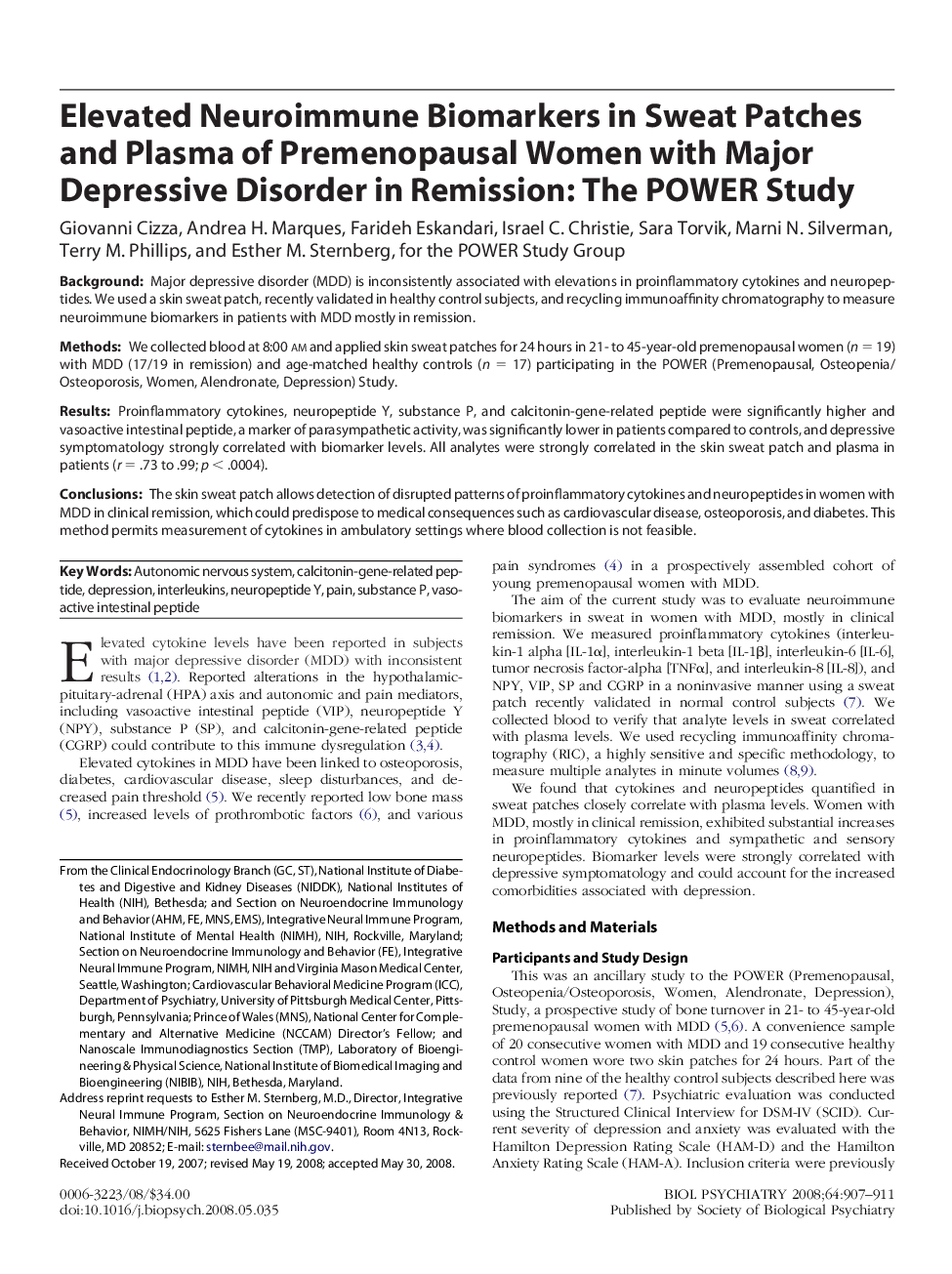 Elevated Neuroimmune Biomarkers in Sweat Patches and Plasma of Premenopausal Women with Major Depressive Disorder in Remission: The POWER Study