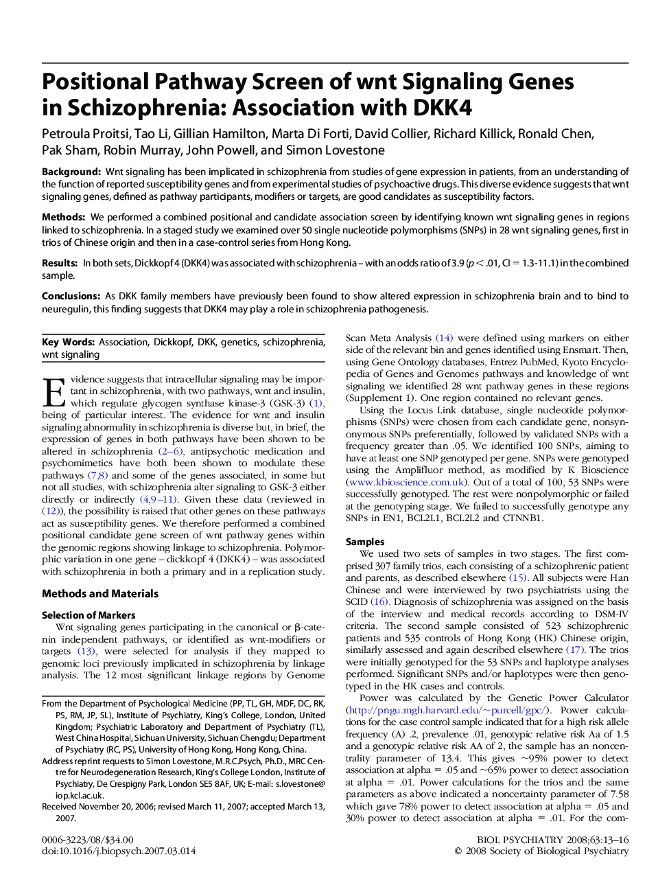 Positional Pathway Screen of wnt Signaling Genes in Schizophrenia: Association with DKK4