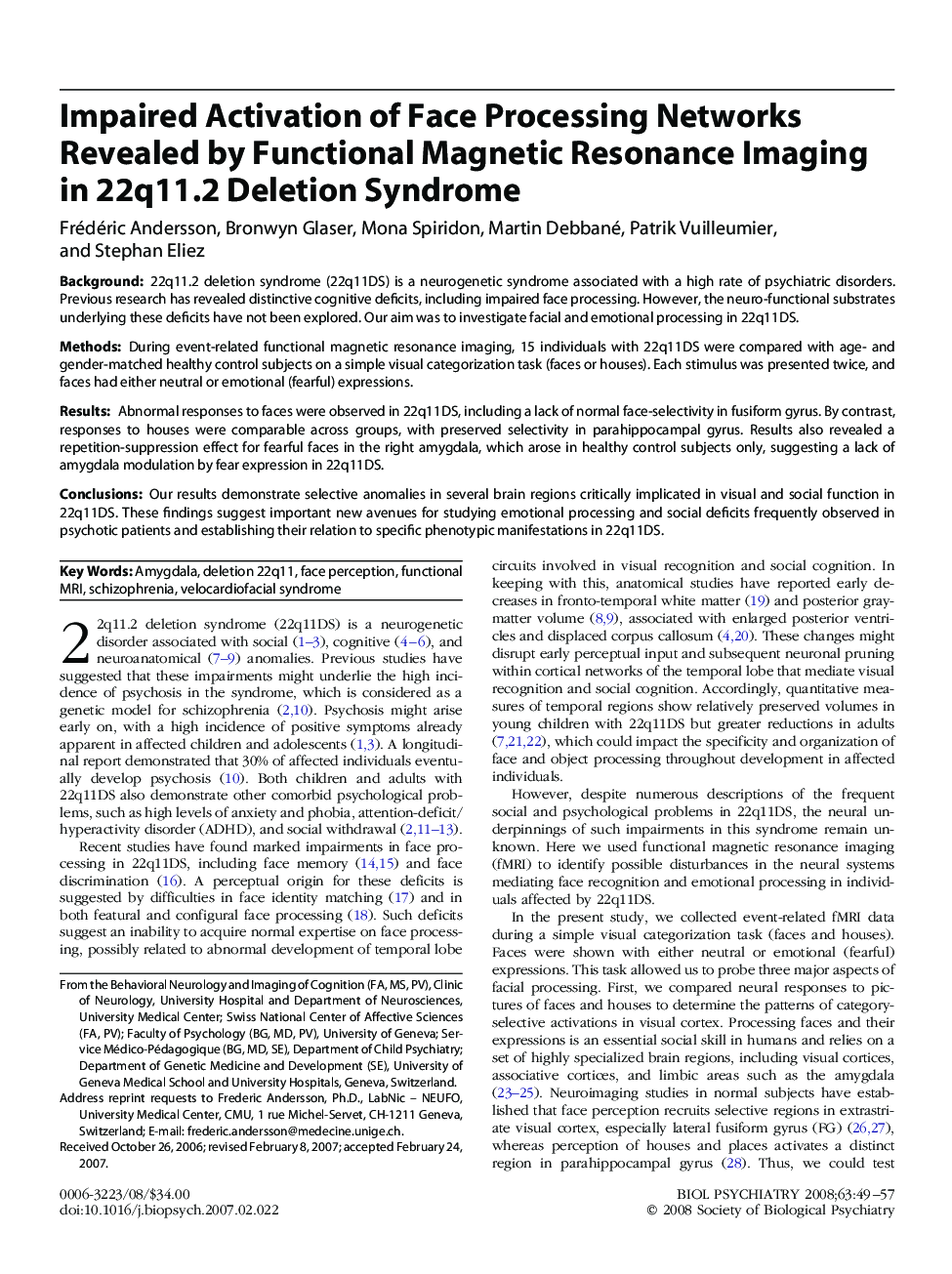 Impaired Activation of Face Processing Networks Revealed by Functional Magnetic Resonance Imaging in 22q11.2 Deletion Syndrome