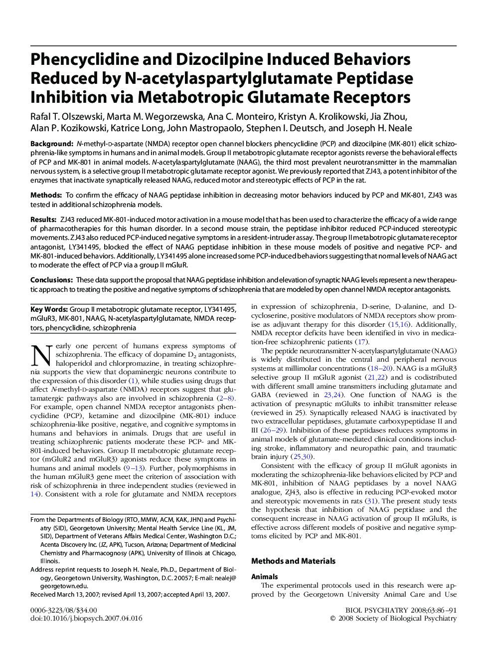 Phencyclidine and Dizocilpine Induced Behaviors Reduced by N-acetylaspartylglutamate Peptidase Inhibition via Metabotropic Glutamate Receptors