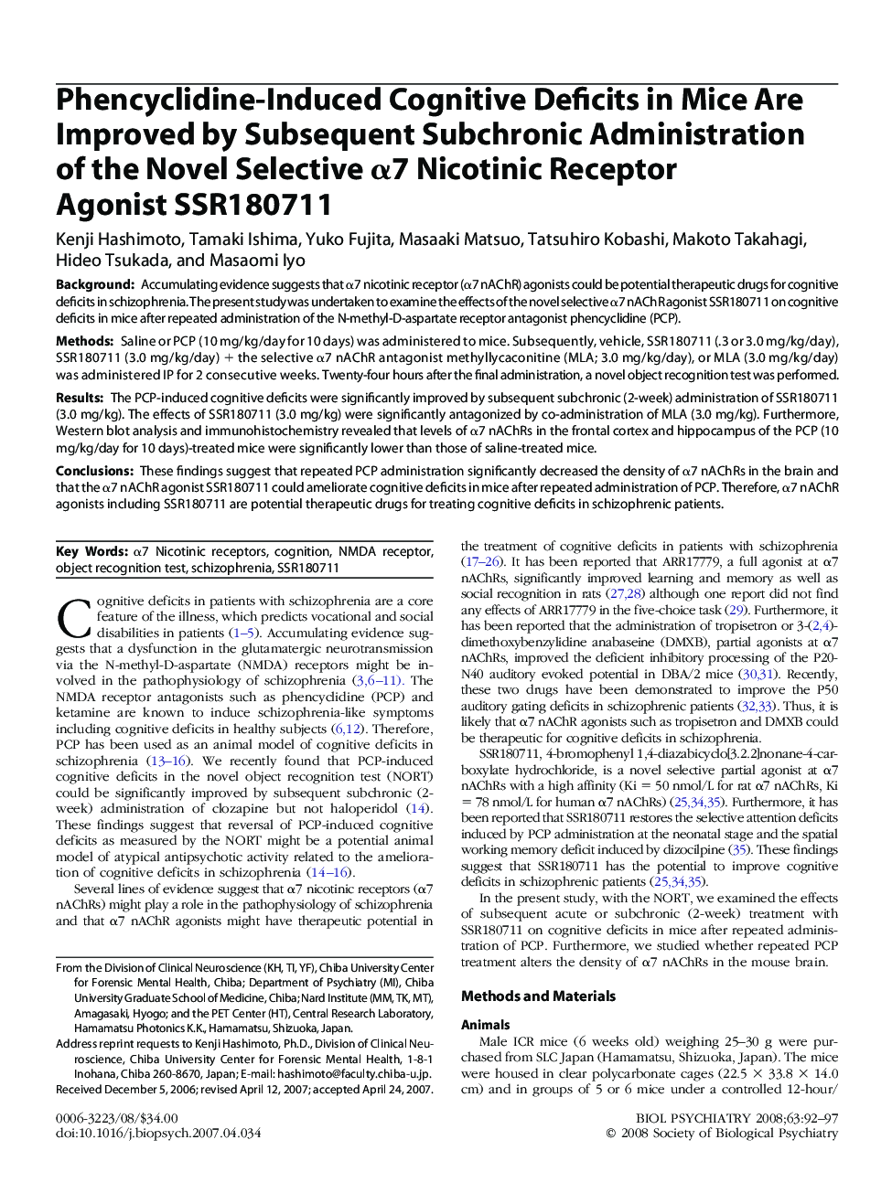 Phencyclidine-Induced Cognitive Deficits in Mice Are Improved by Subsequent Subchronic Administration of the Novel Selective α7 Nicotinic Receptor Agonist SSR180711