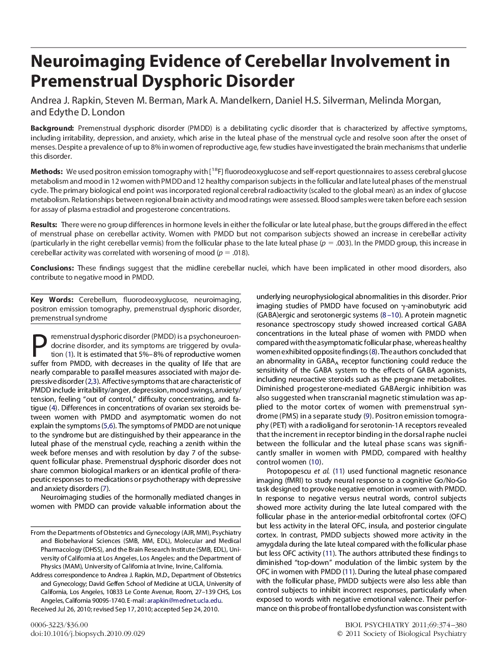 Neuroimaging Evidence of Cerebellar Involvement in Premenstrual Dysphoric Disorder