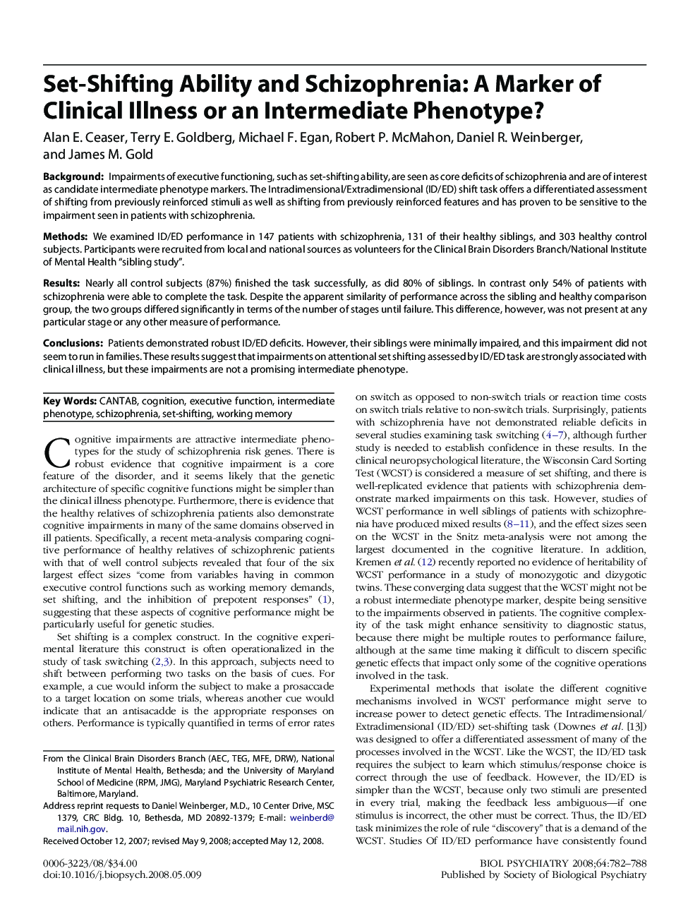 Set-Shifting Ability and Schizophrenia: A Marker of Clinical Illness or an Intermediate Phenotype?