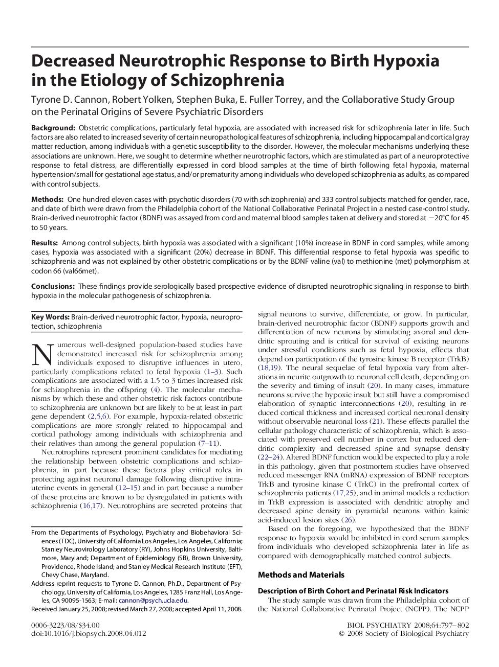 Decreased Neurotrophic Response to Birth Hypoxia in the Etiology of Schizophrenia